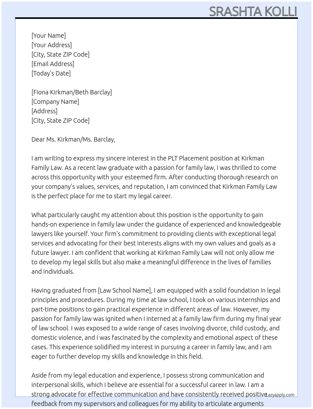 PLT Placement At Kirkman Family Law Cover Letter