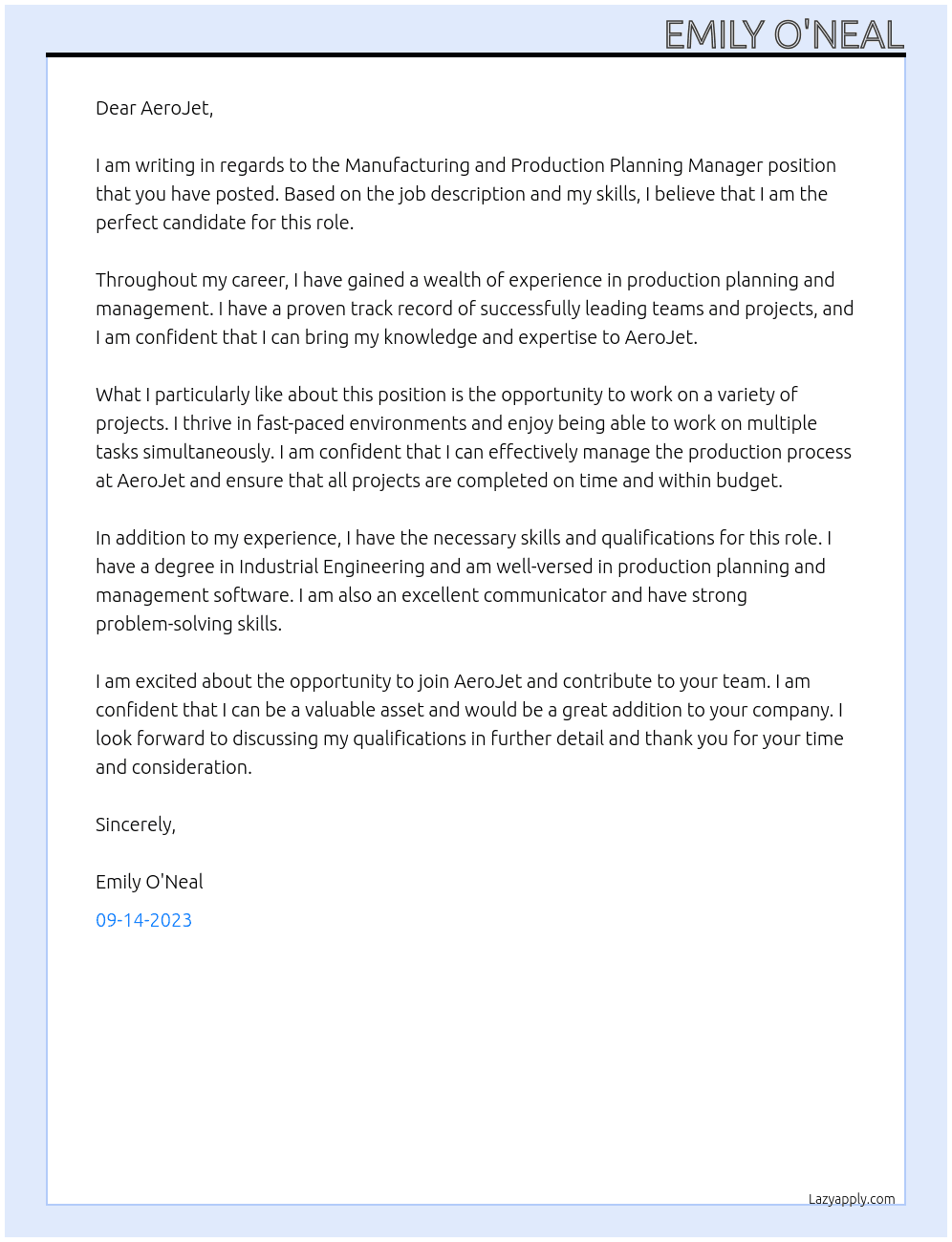 Manufacturing and Production  Planning Manager At AeroJet Cover Letter
