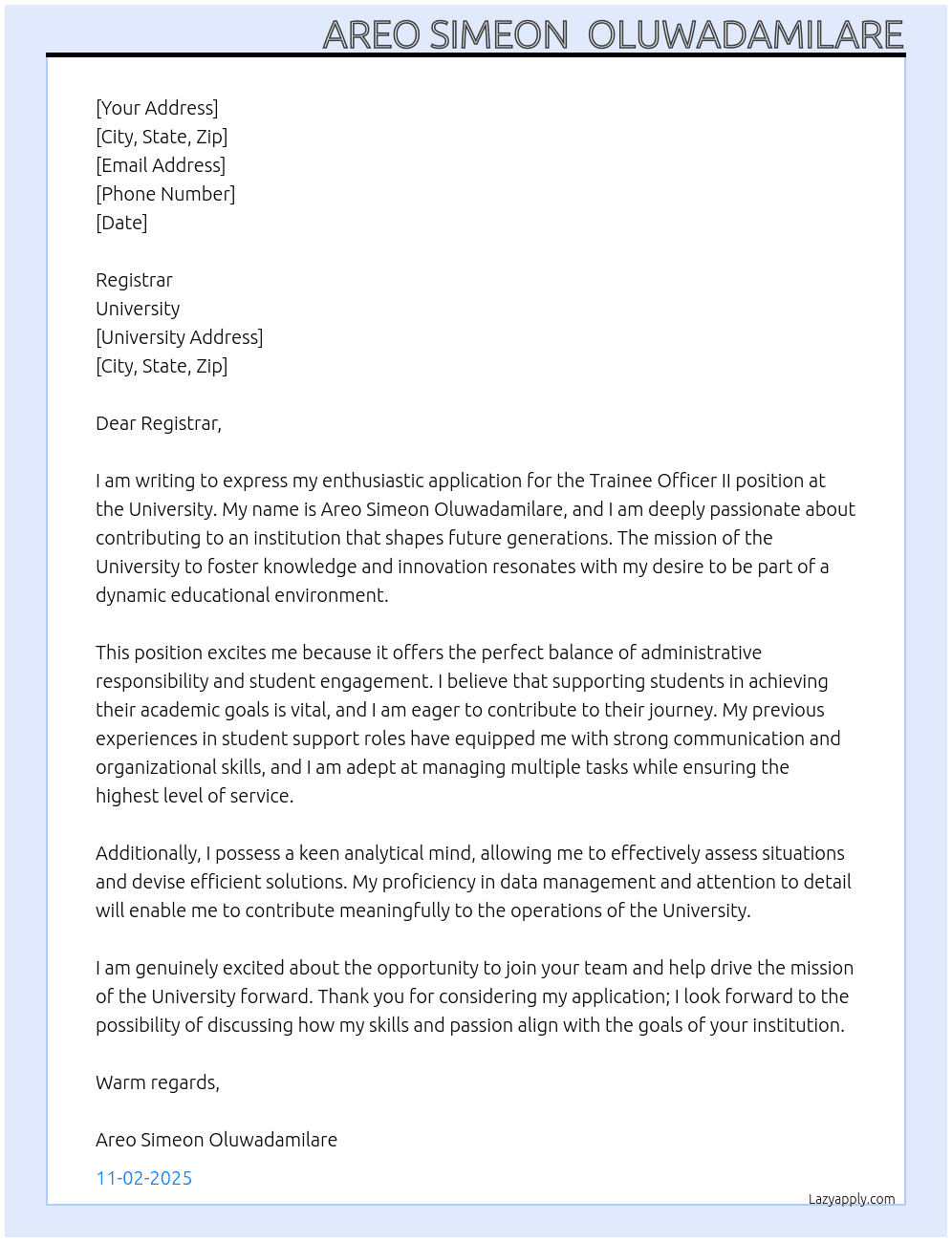 Cover letter for trainee officer ii - LazyApply