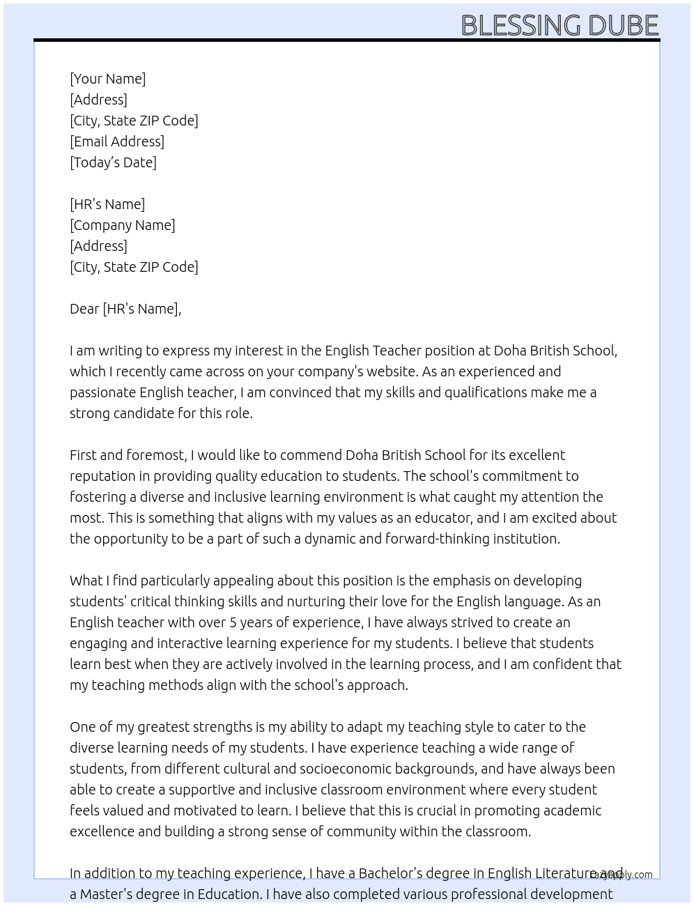English Teacher  At Doha British School Cover Letter