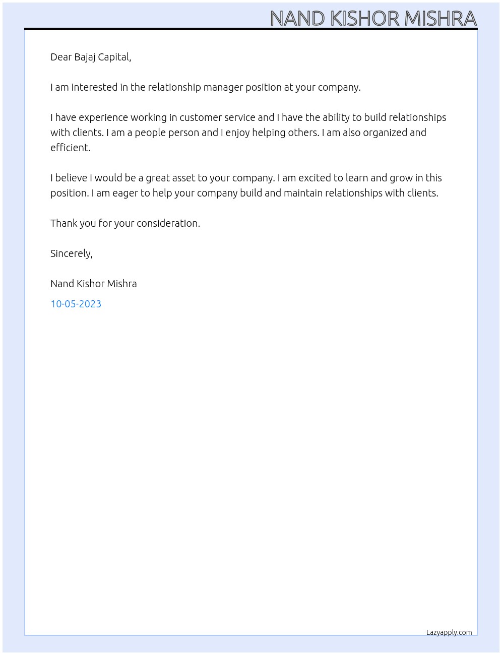 Relationship Manager At Bajaj Capital Cover Letter