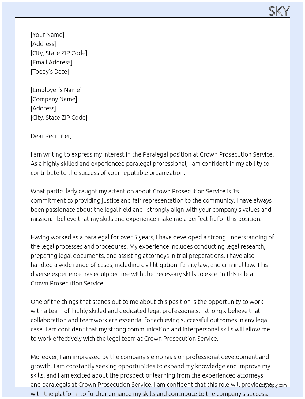 paralegal  At Crown Prosection service  Cover Letter