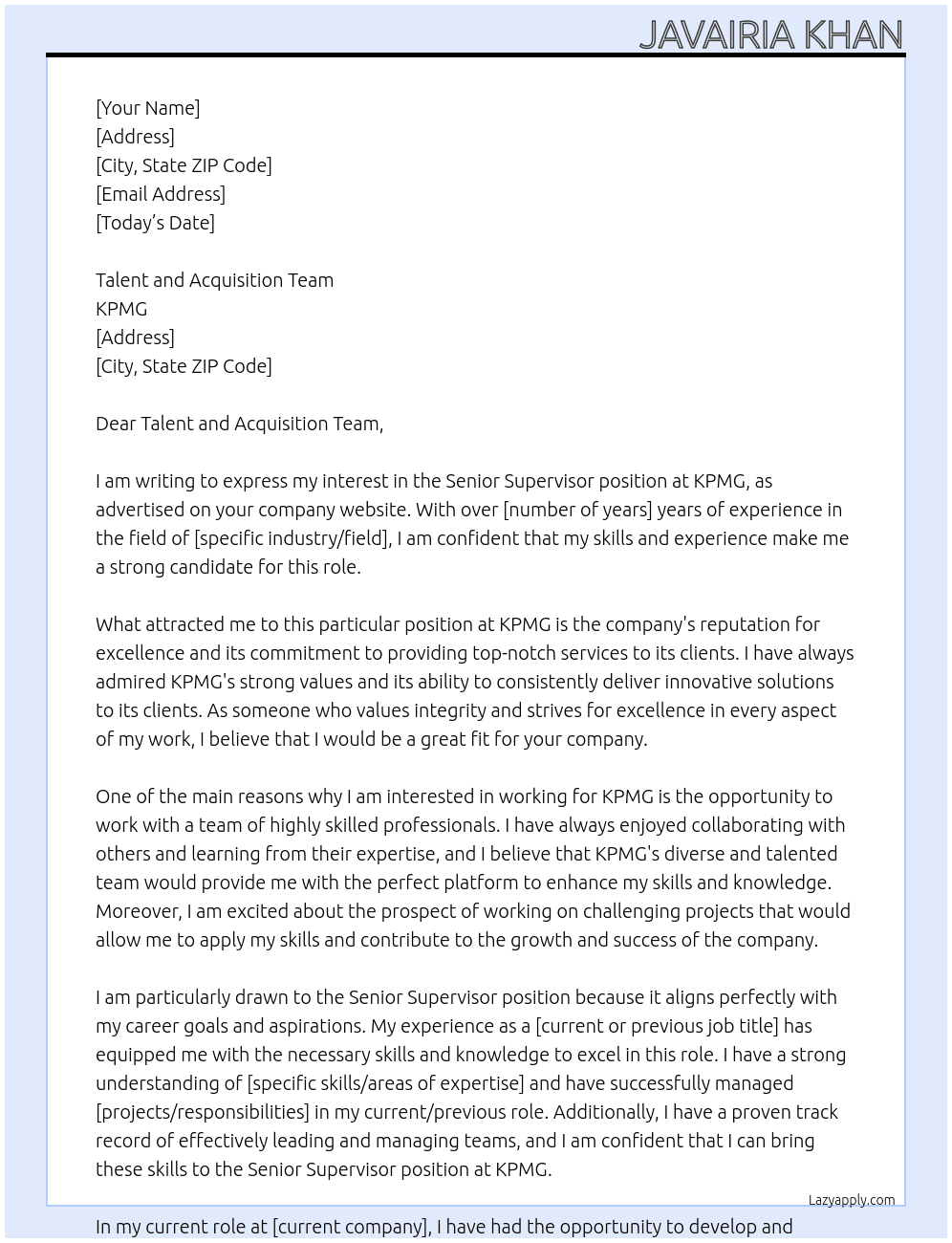Senior Supervisor At KPMG Cover Letter