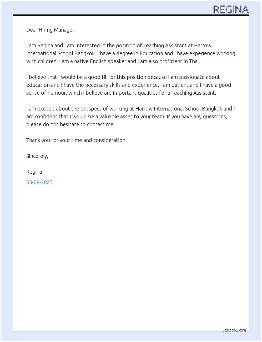 Teaching Assistant At Harrow International School Bangkok Cover Letter