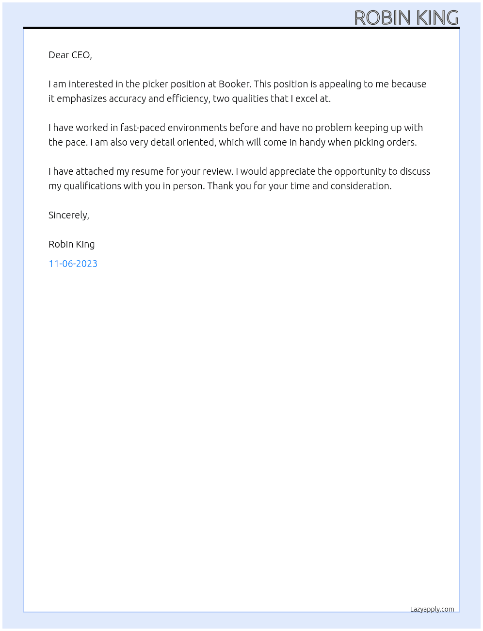 Picker At Booker Cover Letter