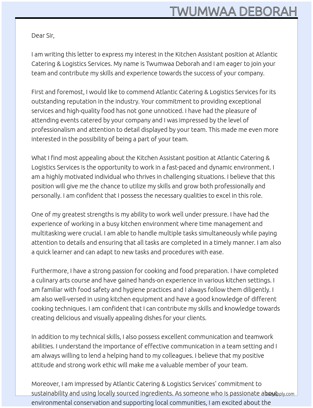 Kitchen Assistant At Atlantic Catering & Logistics Services Cover Letter
