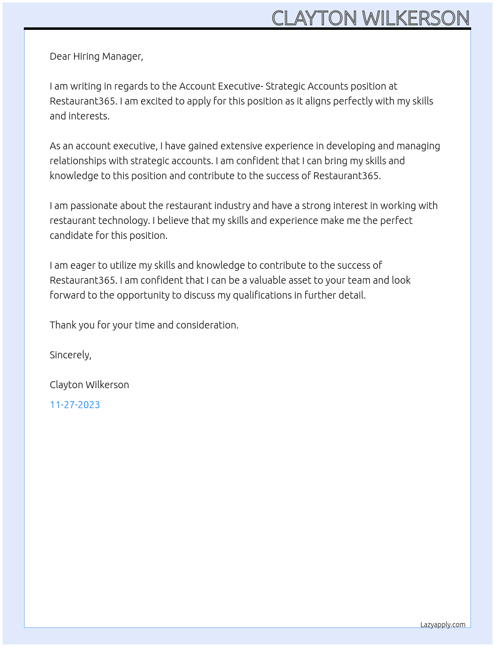 Account Exectuive- Stragetic Accounts At Restaurant365 Cover Letter