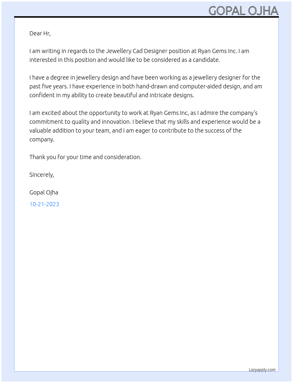 Jewellery Cad Designer At Ryan Gems Inc Cover Letter
