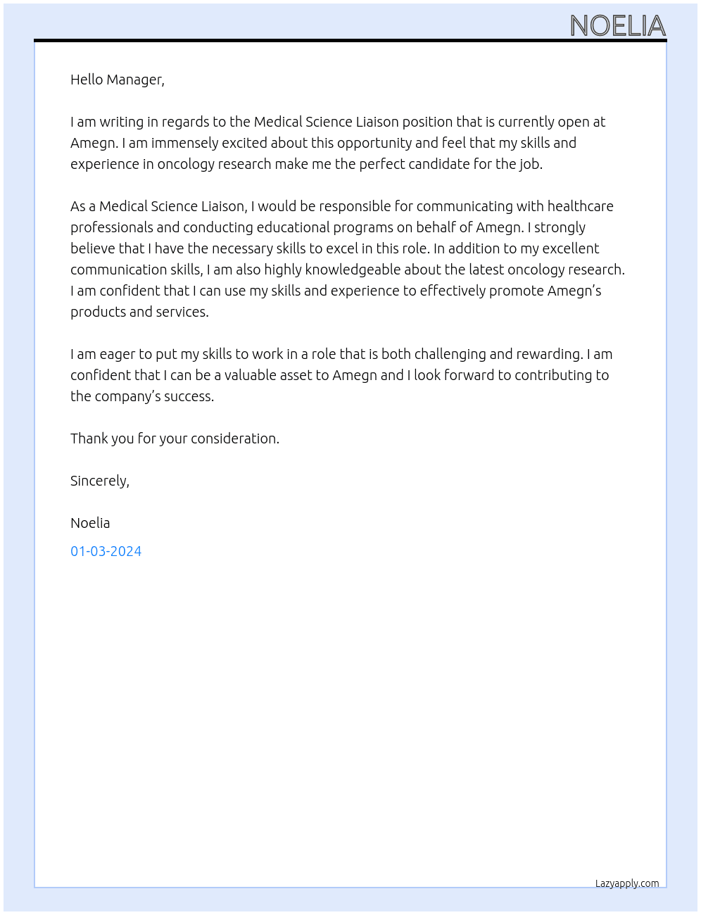 Medical Science Liaison At Amegn Cover Letter