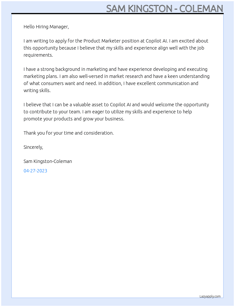 Product Marketer At Copilot AI Cover Letter