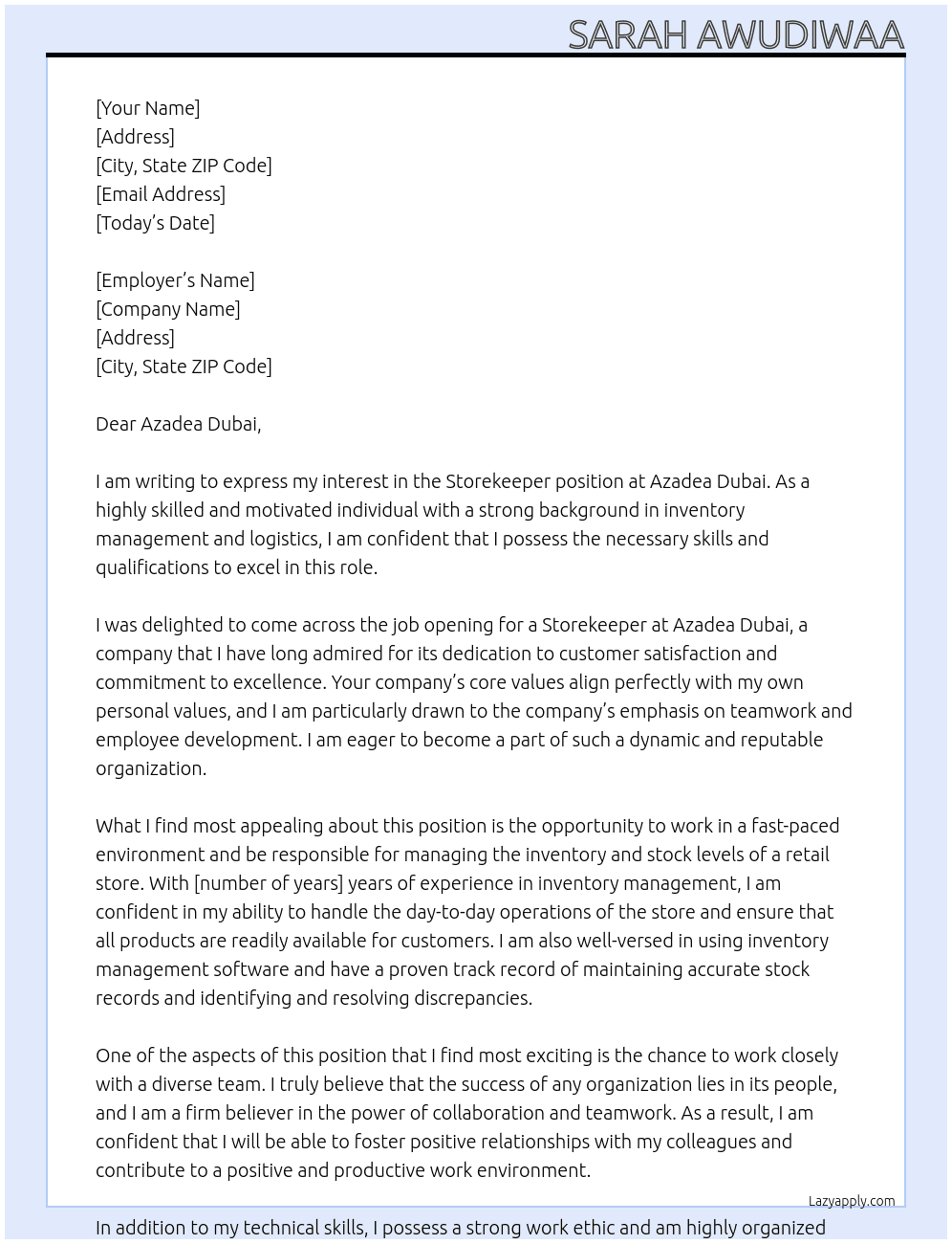 storekeeper At Azadea Dubai Cover Letter