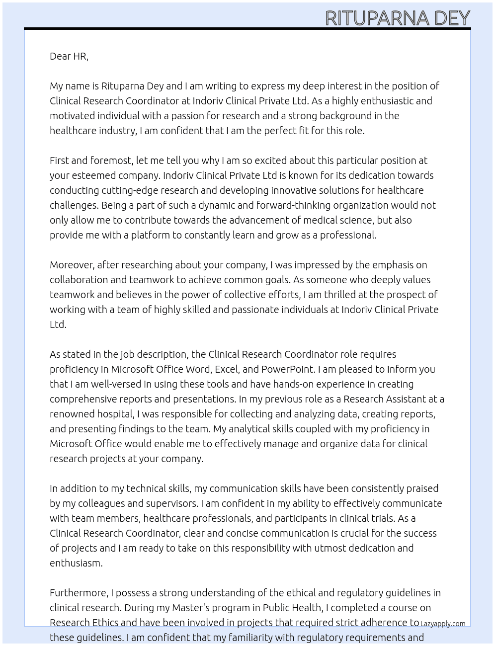 Clinical Research Coordinator At Indoriv Clinical Private Ltd Cover Letter