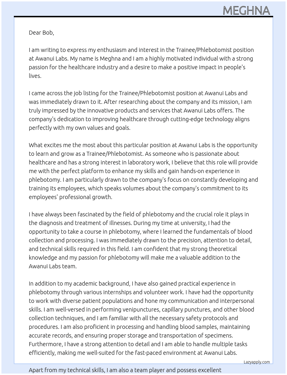 Trainee/Phlebotomist At Awanui Labs Cover Letter
