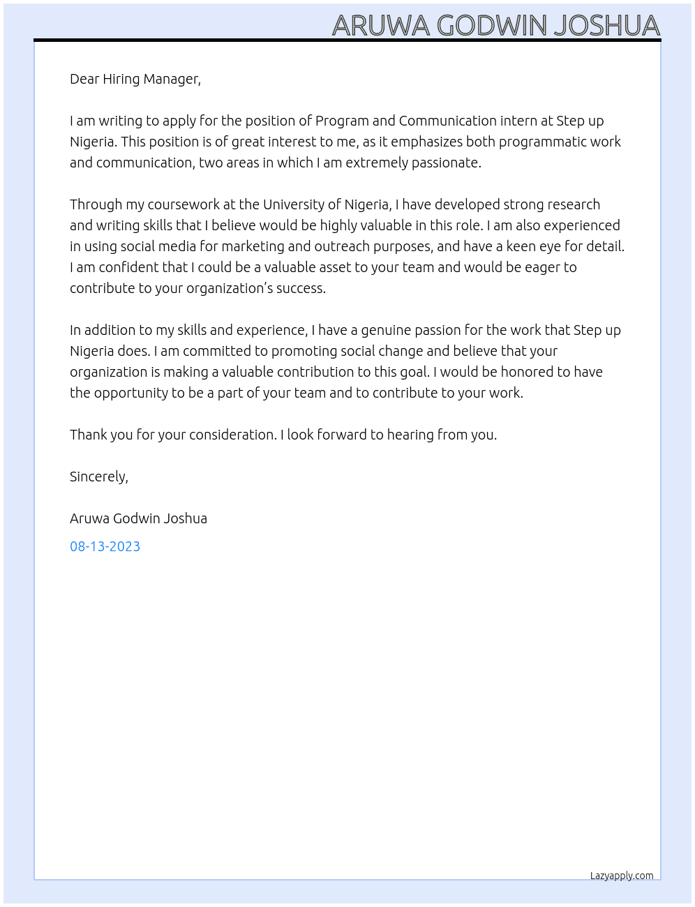 Program and Communication intern At Step up Nigeria Cover Letter