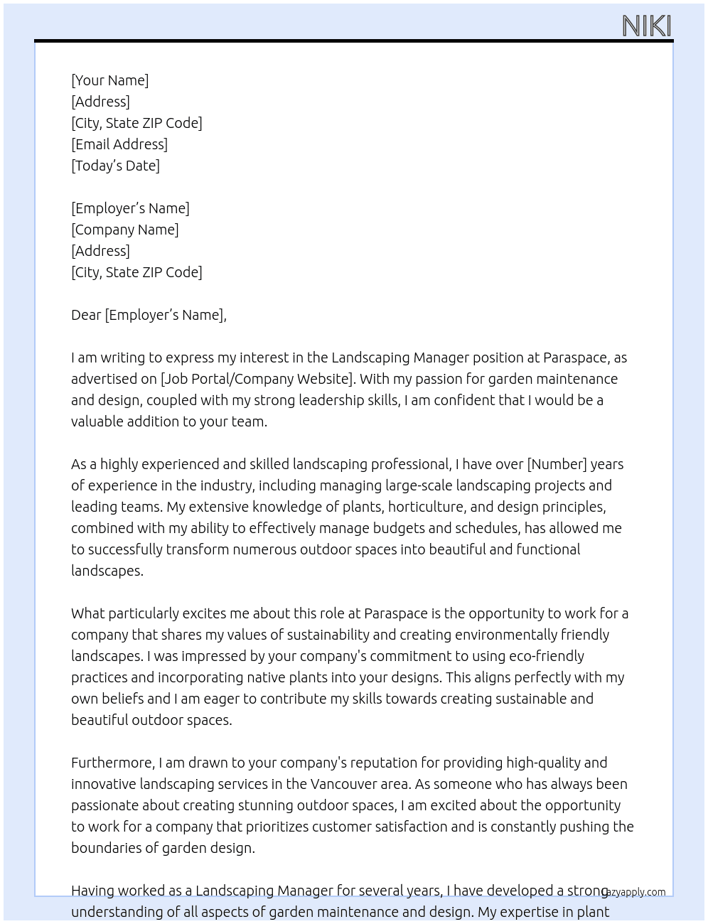 Landscaping Manager At Paraspace Cover Letter