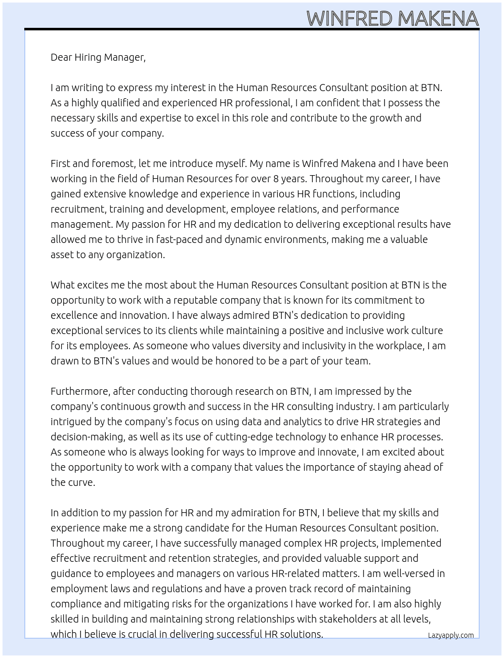 Human Resources Consultant At BTN Cover Letter