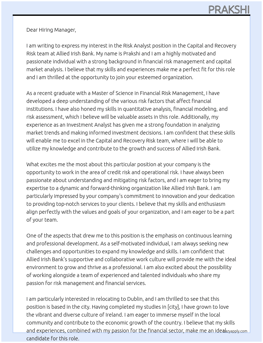 Risk Analyst, Capital and Recovery Risk, Financial Risk At Allied Irish Bank Cover Letter