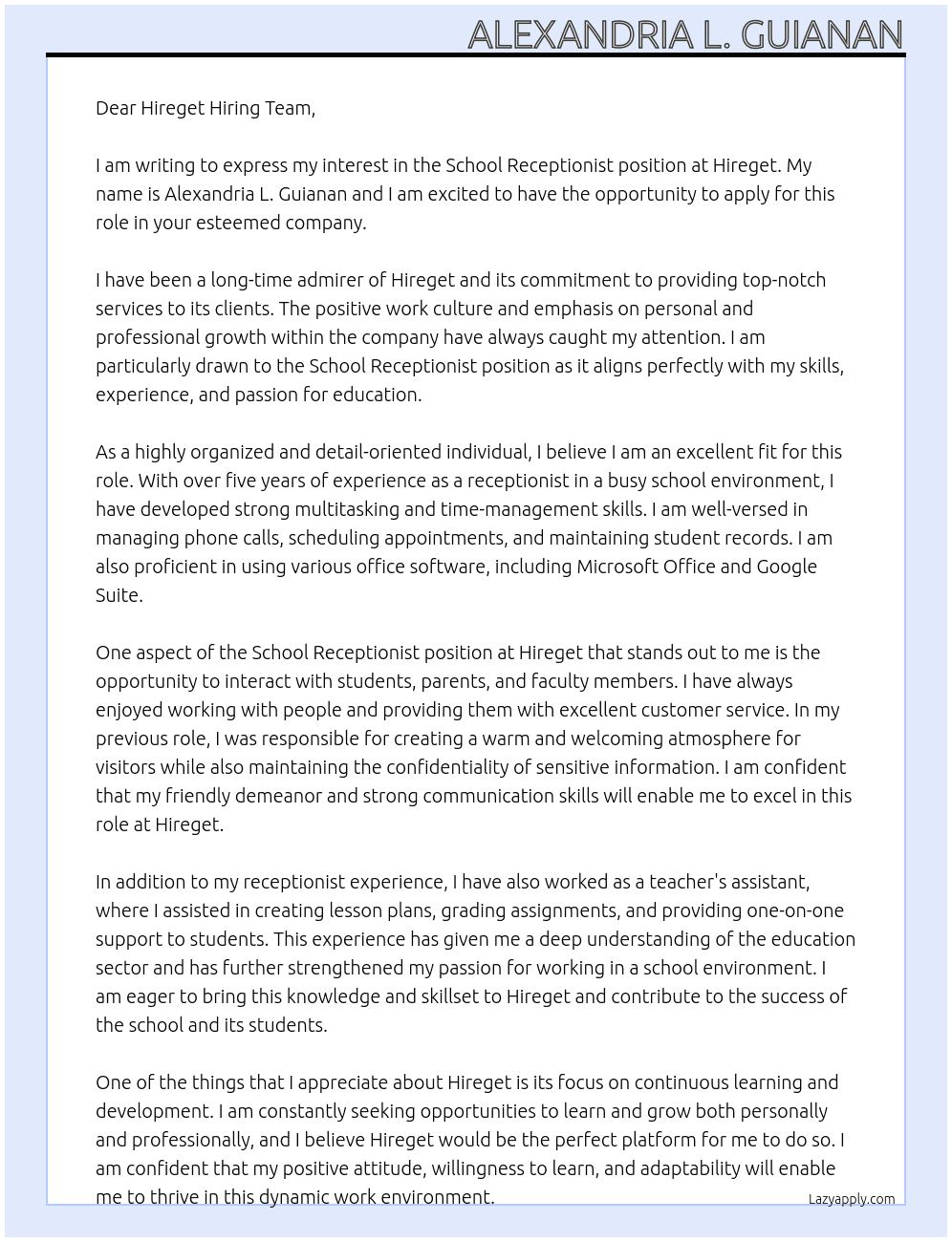 School Receptionist At Hireget Cover Letter