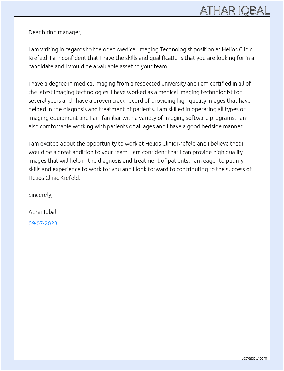 Medical Imaging Technologist At helios clinic krefeld Cover Letter