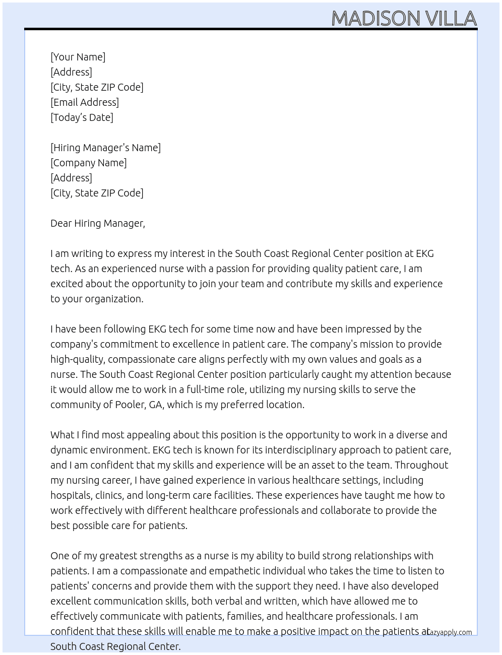 South Coast Regional Center At EKG tech Cover Letter