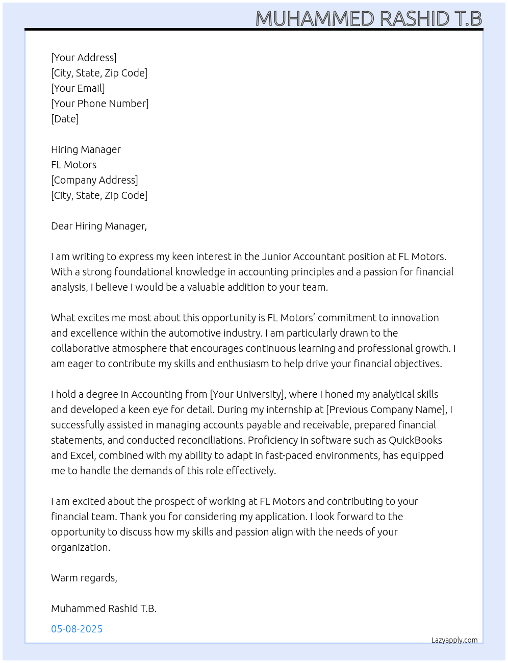 Junior accountant  At Fl motors Cover Letter