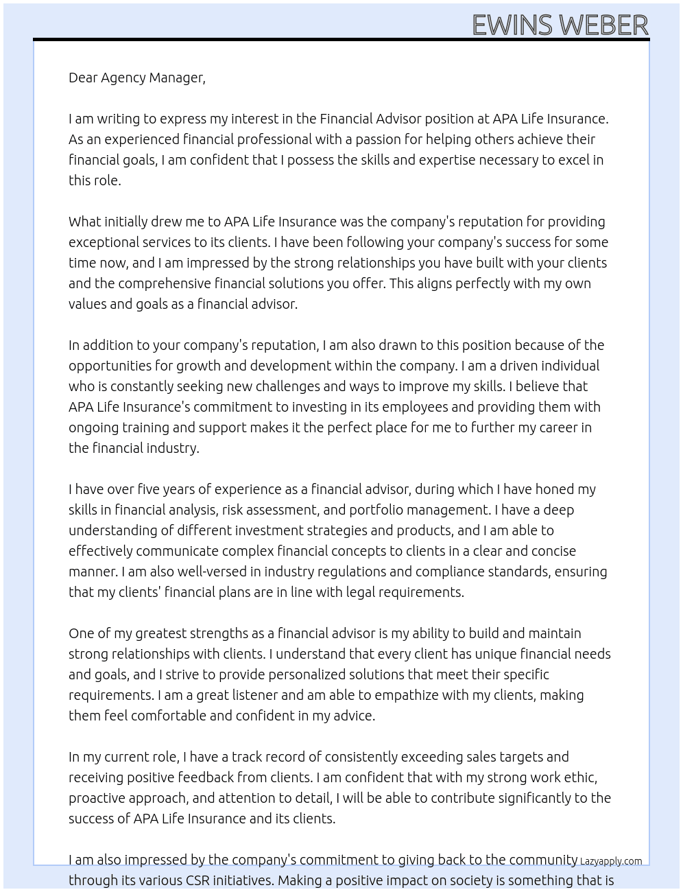 Financial Advisor At APA Life Insurance Cover Letter