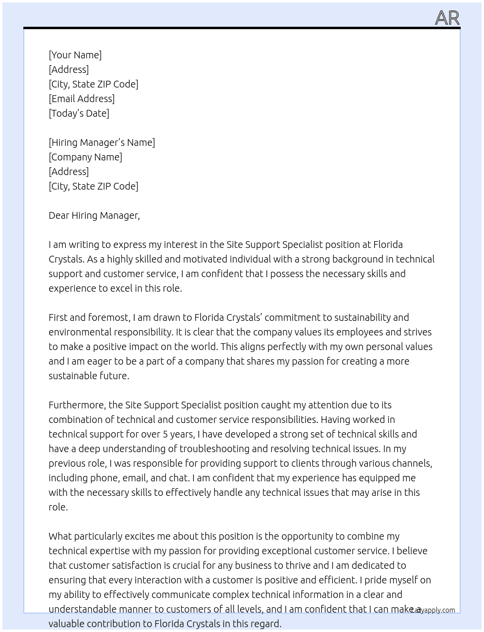 Site Support Specialist At Florida Crystals Cover Letter