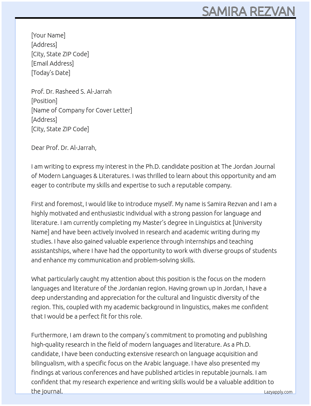 phd candidate At The Jordan Journal of Modern Languages & Literatures Cover Letter
