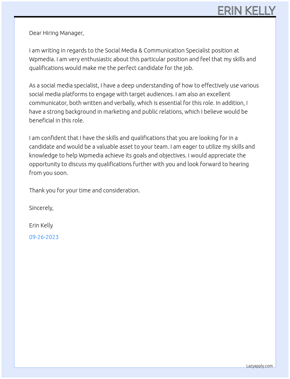 Social Media & Communication Specialist At Wpmedia Cover Letter