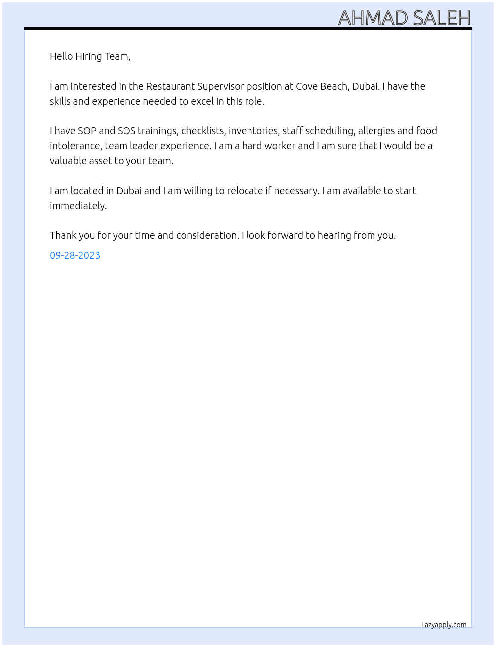 Restaurant Supervisor  At Cove Beach, Dubai Cover Letter