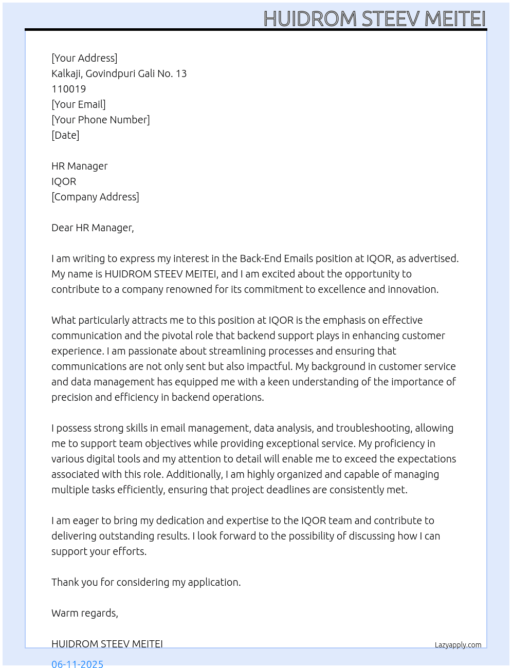 Back-end-emails At IQOR Cover Letter