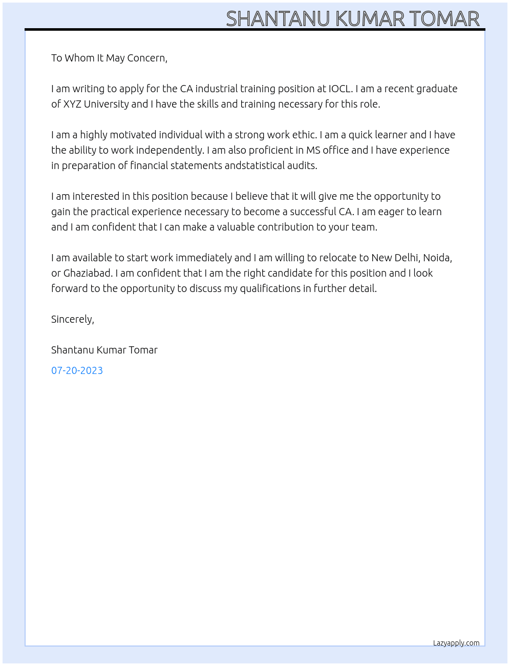 CA industrial training  At IOCL Cover Letter