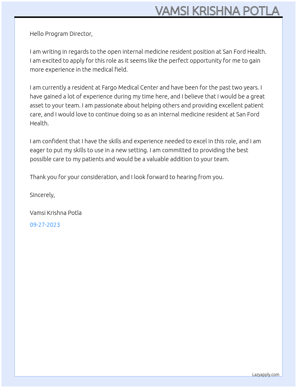 Internal medicine resident  At San Ford Health  Cover Letter