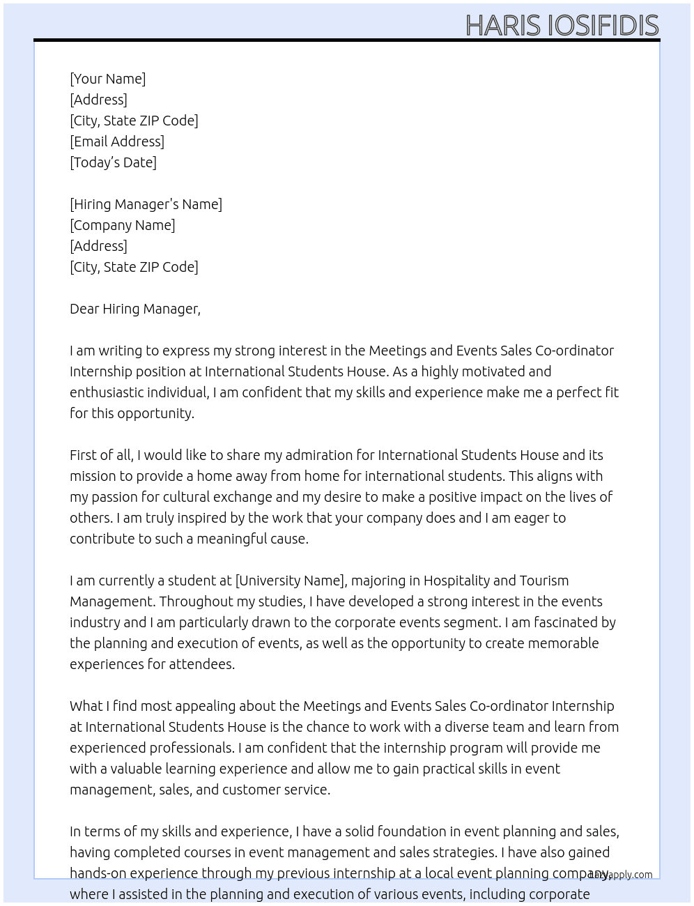 Meetings and Events Sales Co-ordinator Internship  At International Students House  Cover Letter