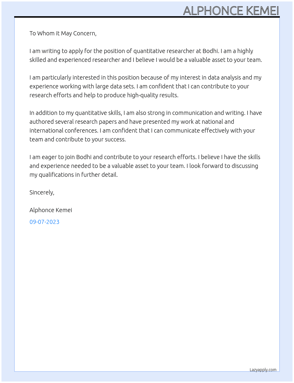 quantitative researcher At bodhi Cover Letter