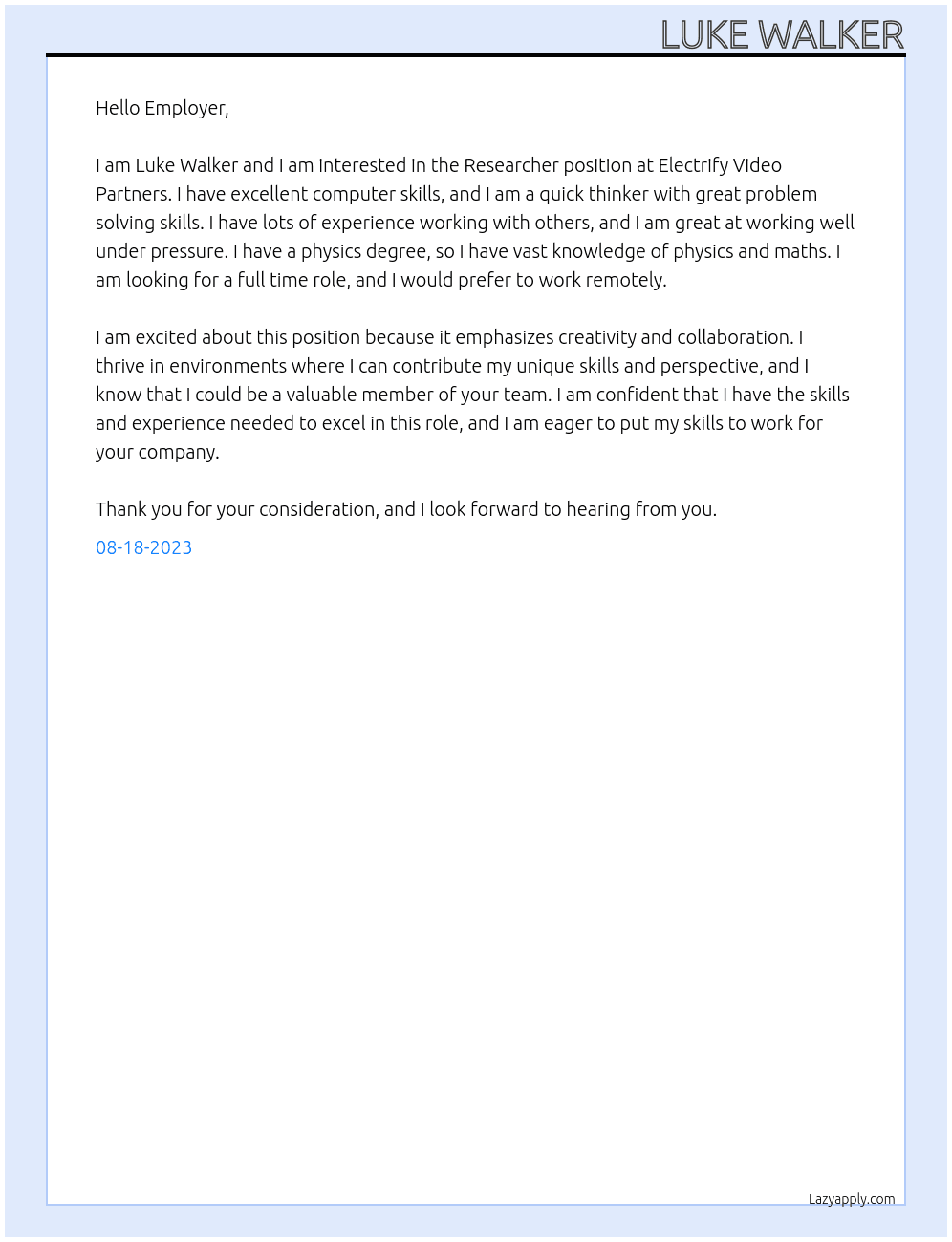 Researcher  At Electrify Video Partners  Cover Letter