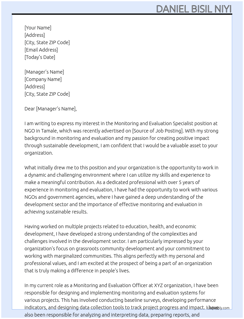 Monitoring and Evaluation Specialist At NGO Cover Letter