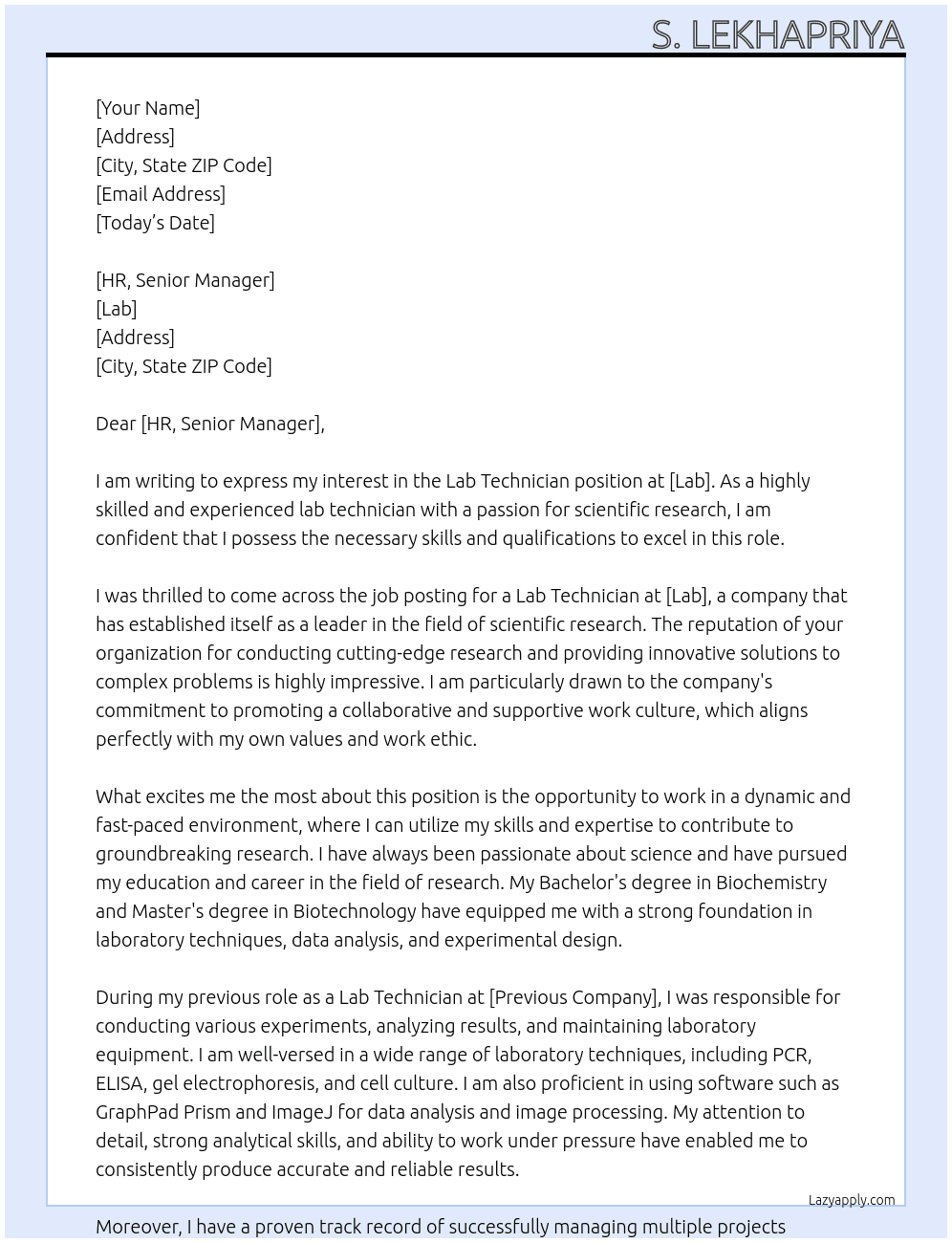 Lab technician At Lab Cover Letter