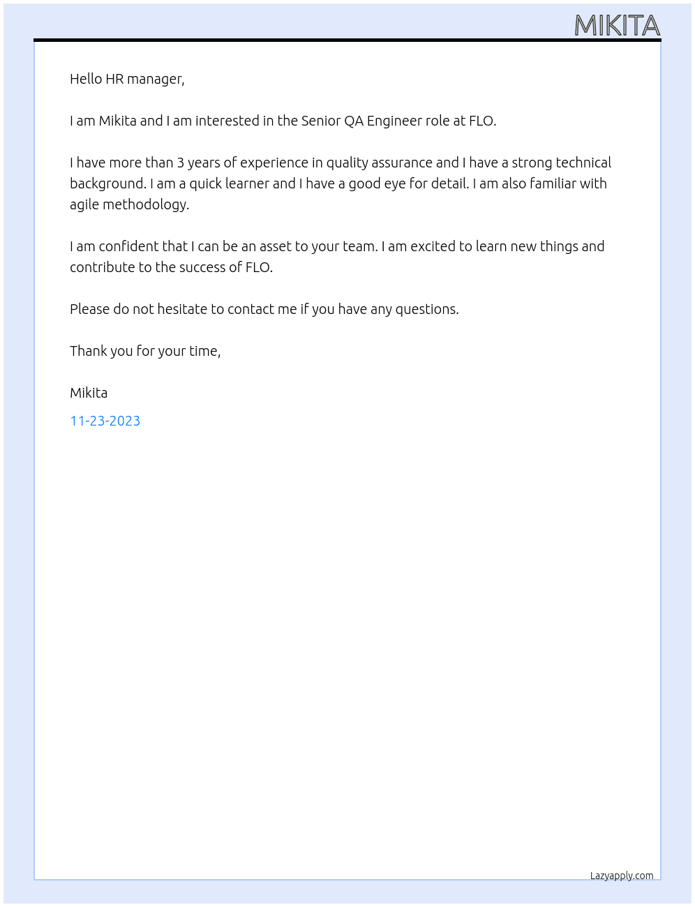 Senior QA Engineer At FLO Cover Letter