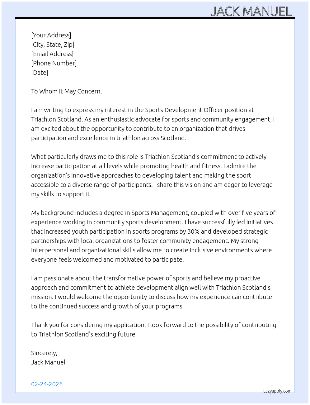 Sports development officer  At Triathlonscotland Cover Letter