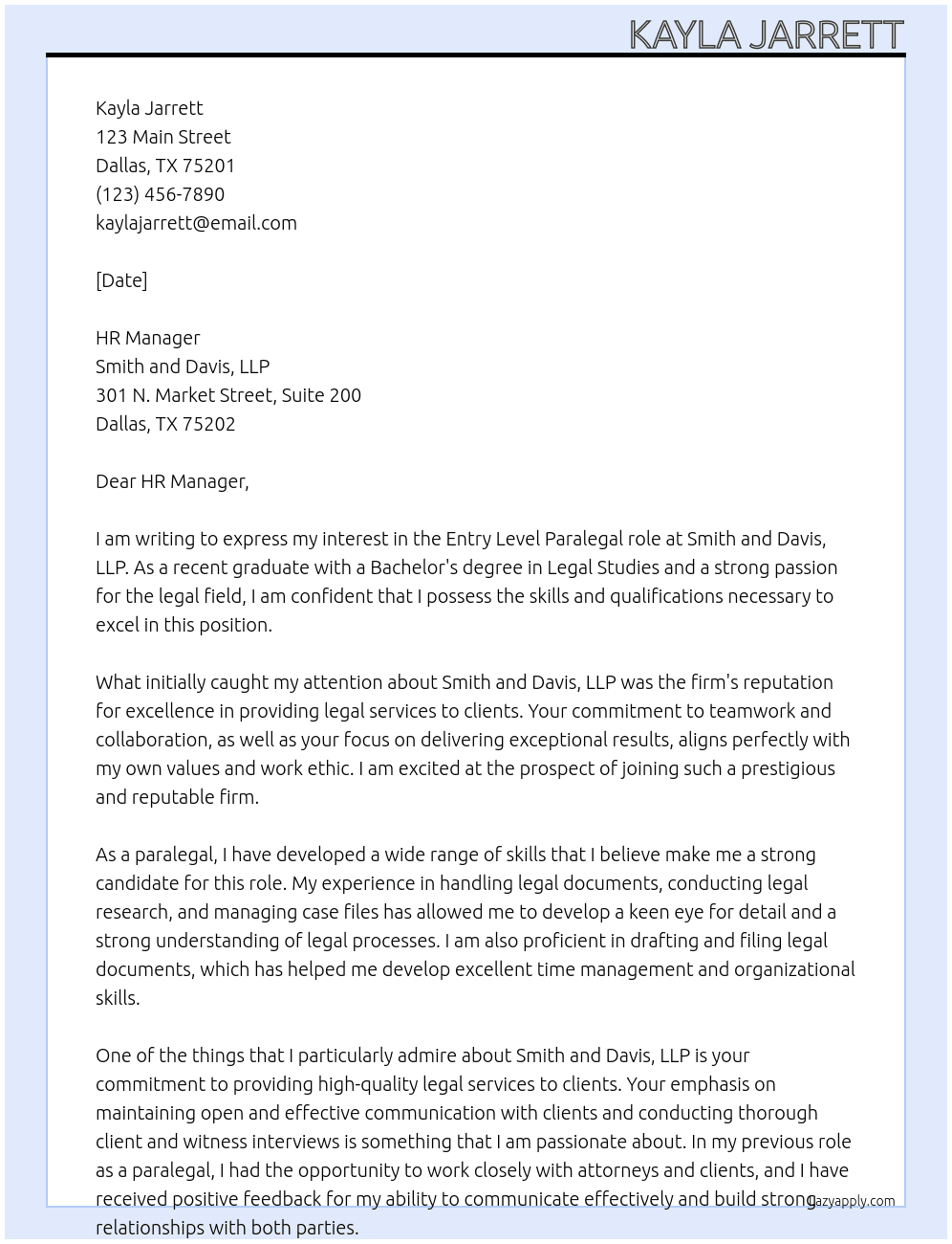 Paralegal At Smith and Davis, LLP  Cover Letter