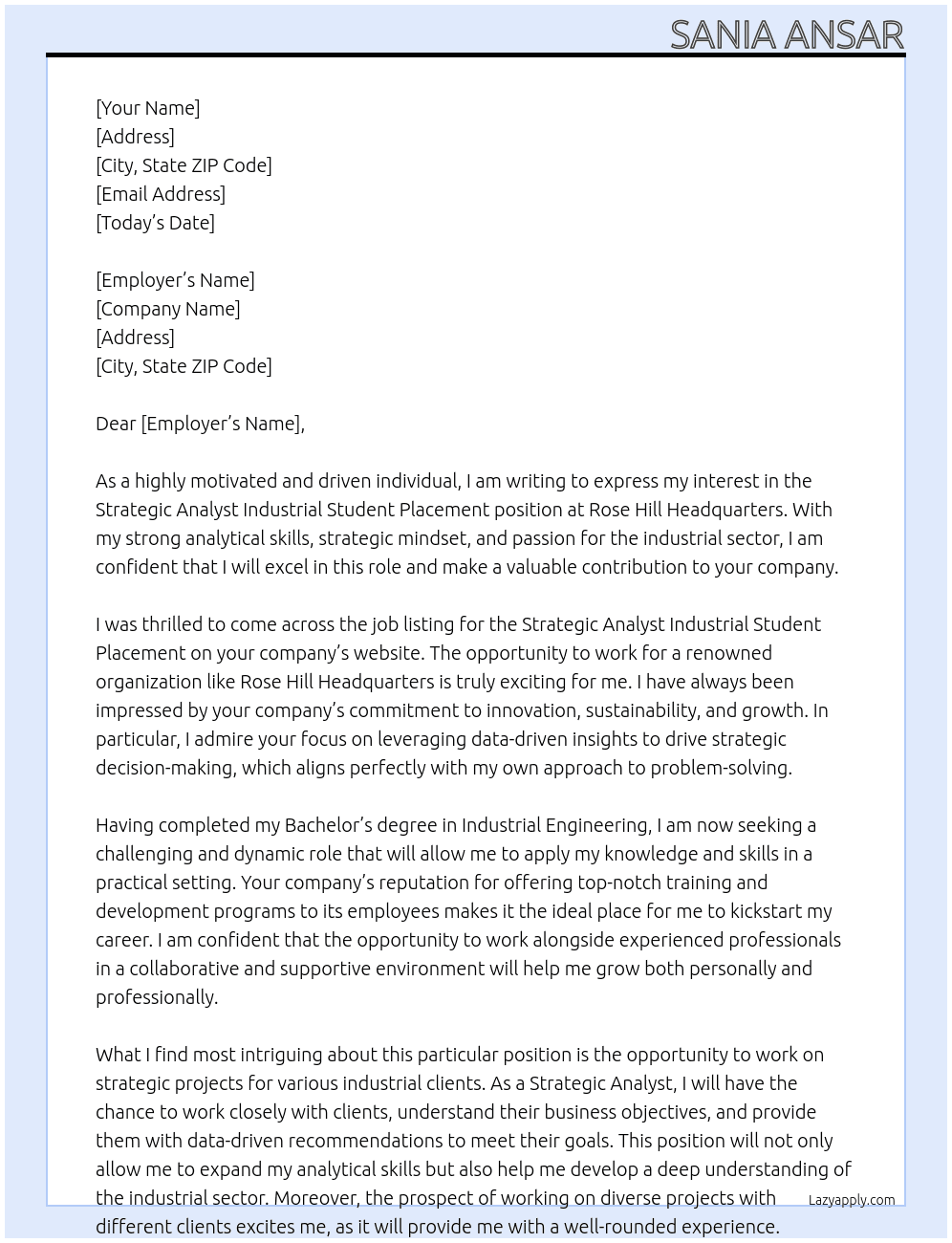 Strategic Analyst Industrial Student Placement At Rose Hill Headquarters Cover Letter