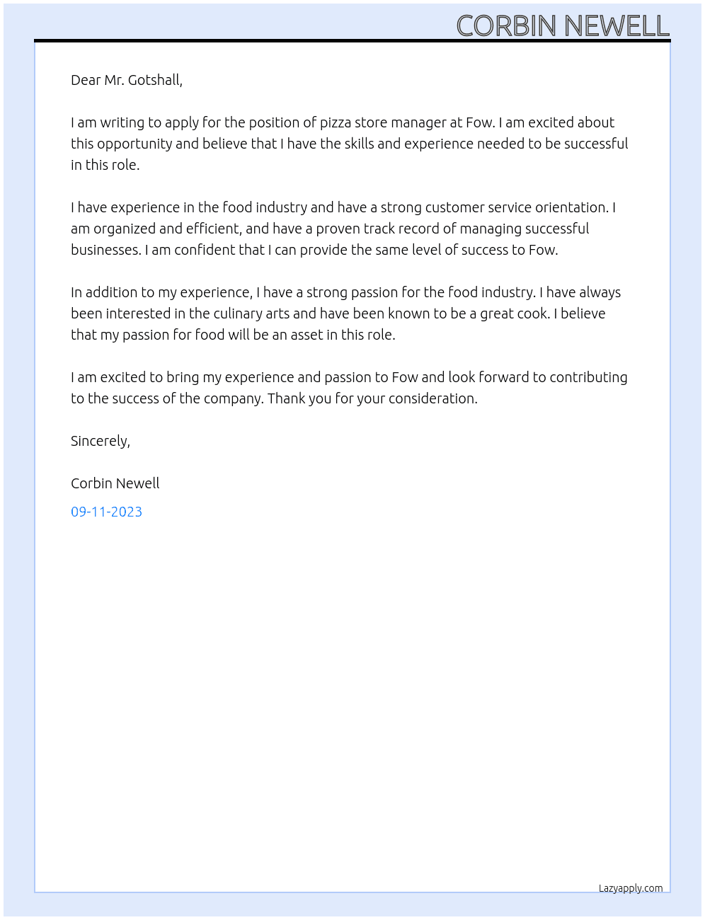 pizza store manager  At Fow Cover Letter