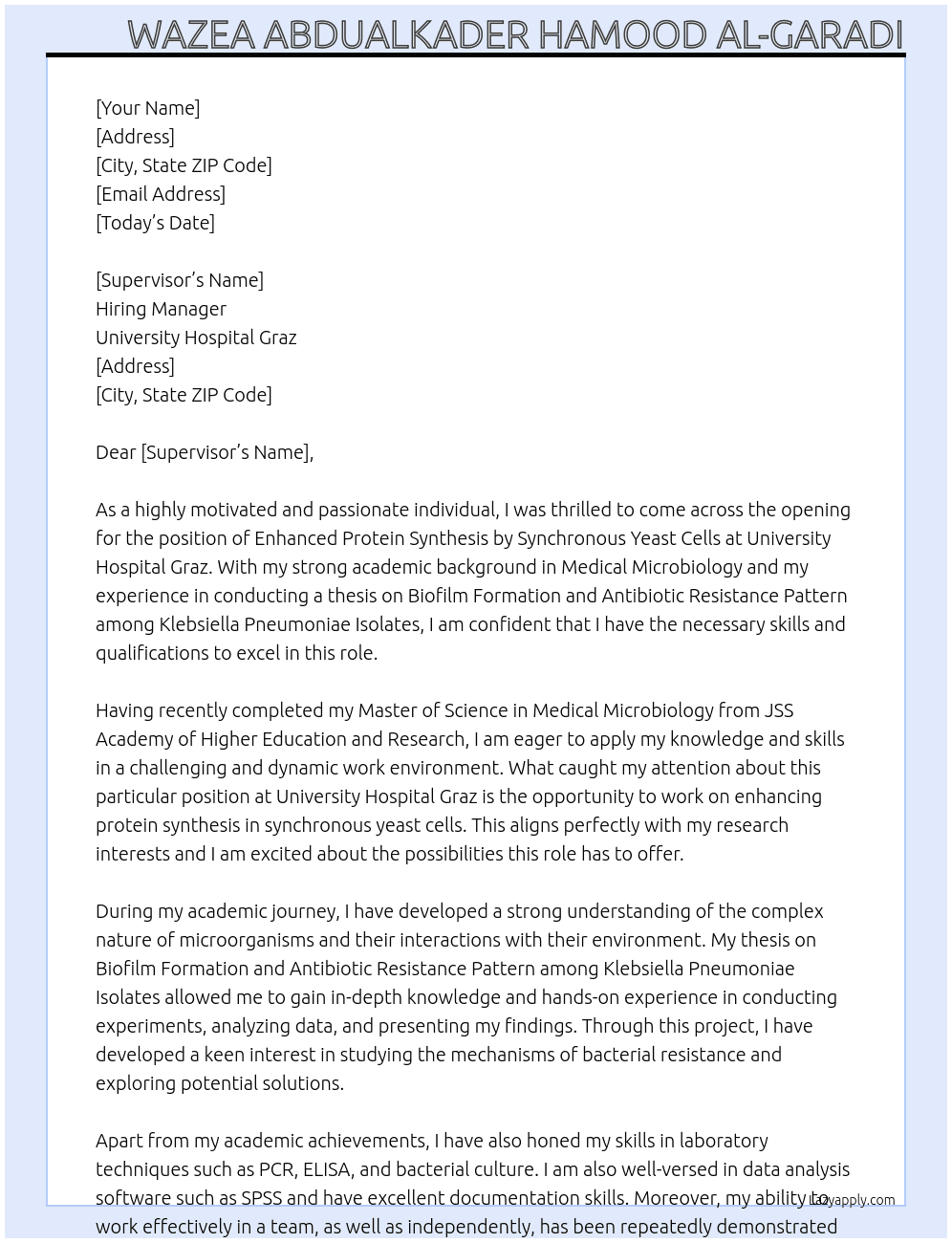 Enhanced protein synthesis by synchronous yeast cells At University Hospital Graz Cover Letter