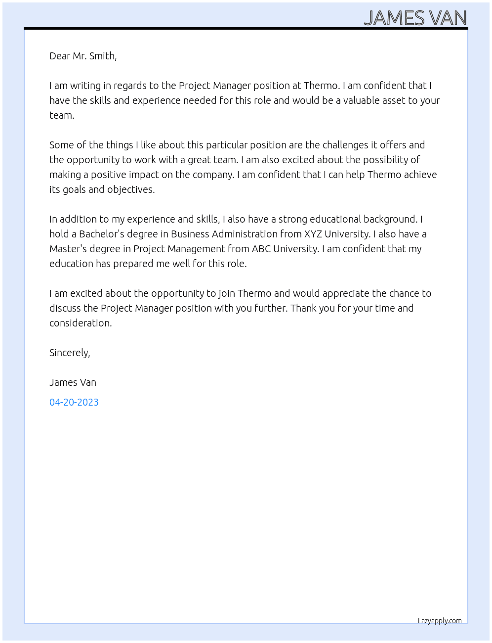 Project manager  At Thermo Cover Letter