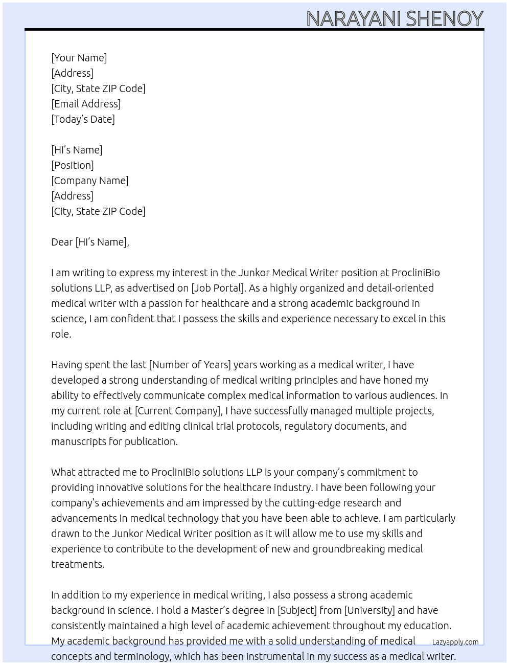 Junkor Medical Writer At ProcliniBio solutions LLP Cover Letter