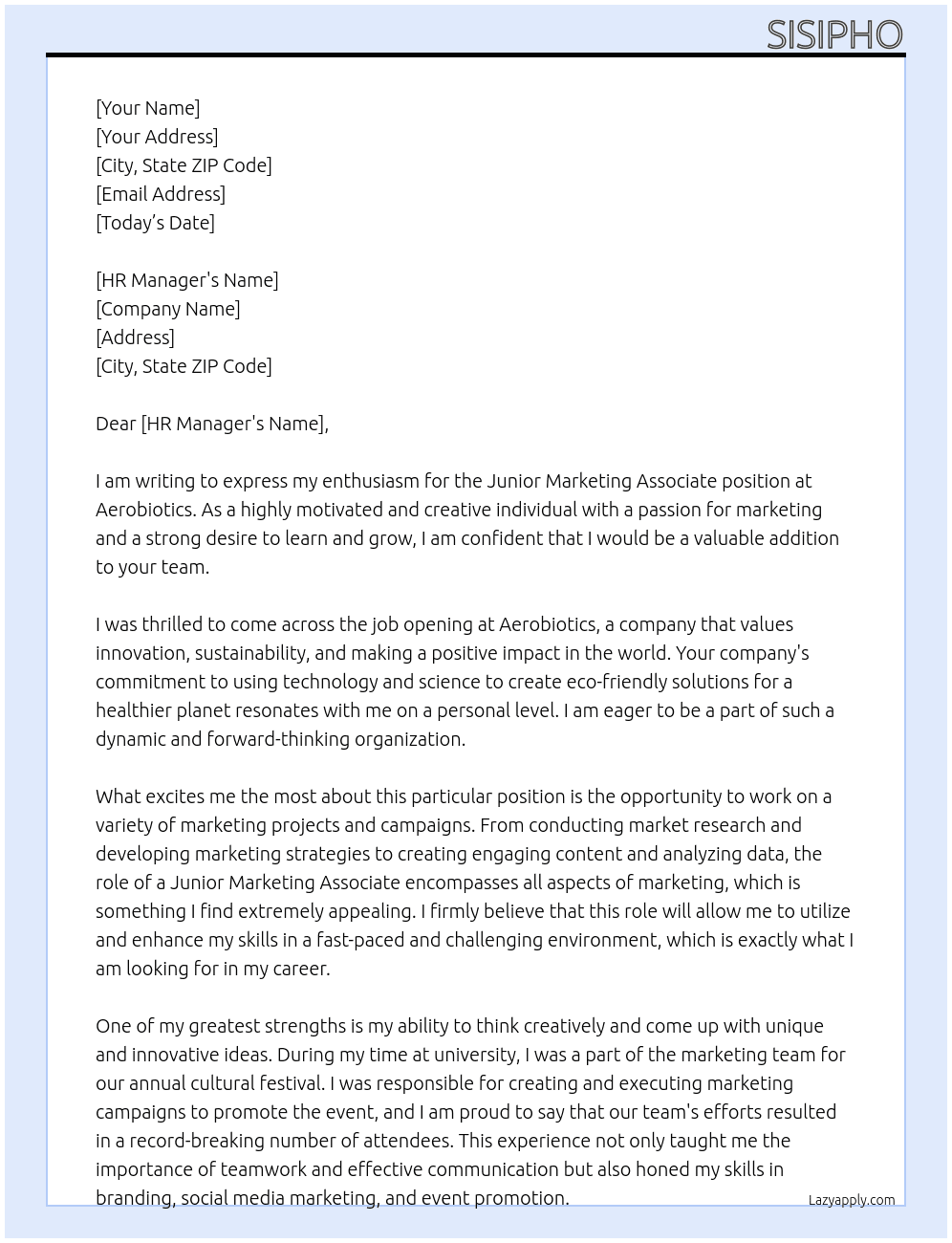 Junior Marketing Associate At Aerobiotics Cover Letter