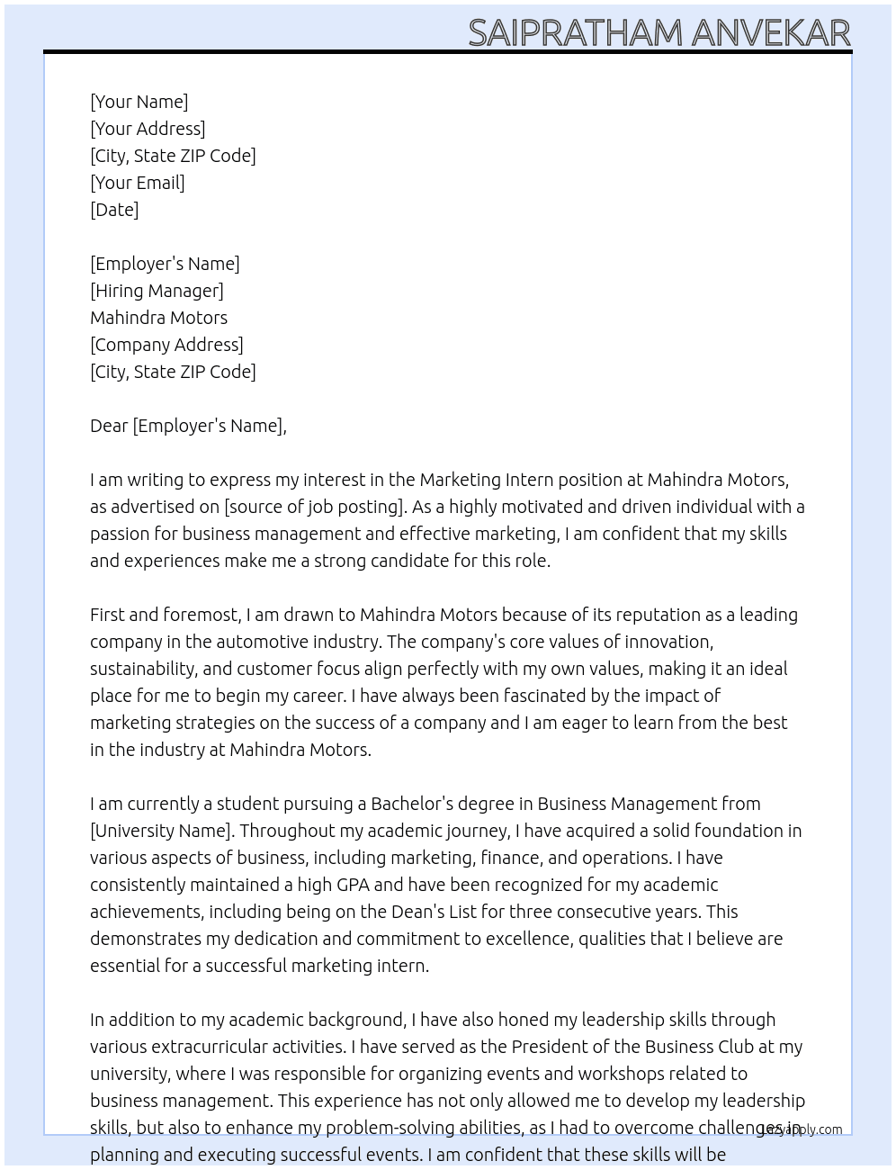 Marketing intern At Mahindra motors Cover Letter