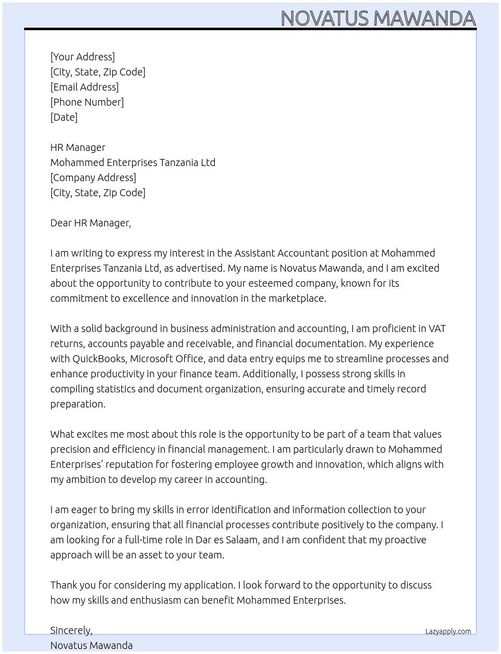 ASSISTANT ACCOUNTANT At MOHAMMED ENTERPRISES TANZANIA LTD Cover Letter