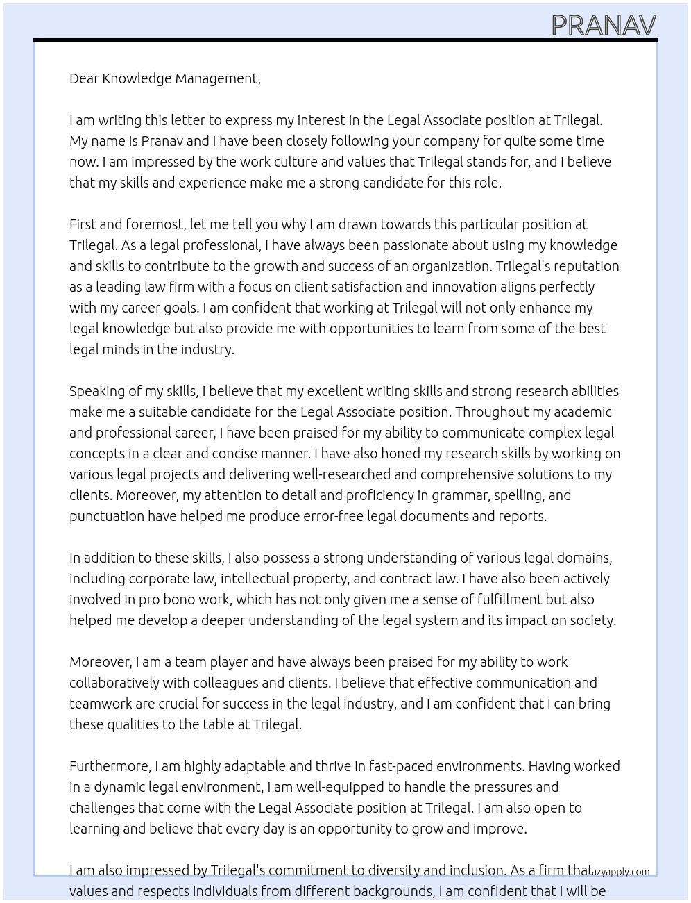 Legal Associate At Trilegal Cover Letter